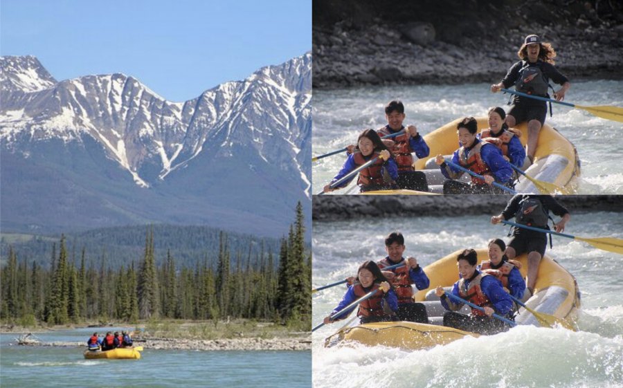 groups of people on the Athabasca River rafting