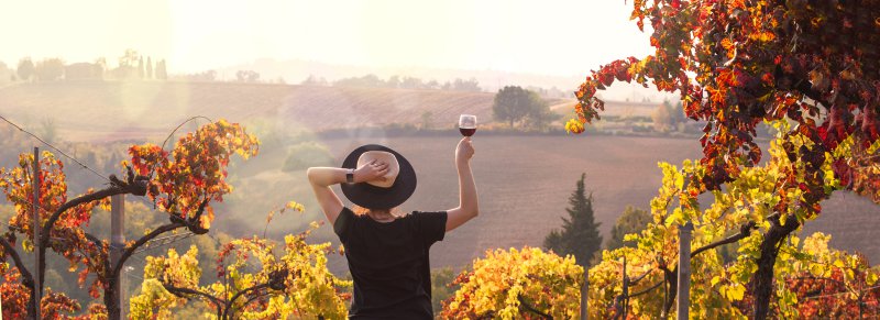 a woman raising a glass on the autumnal background